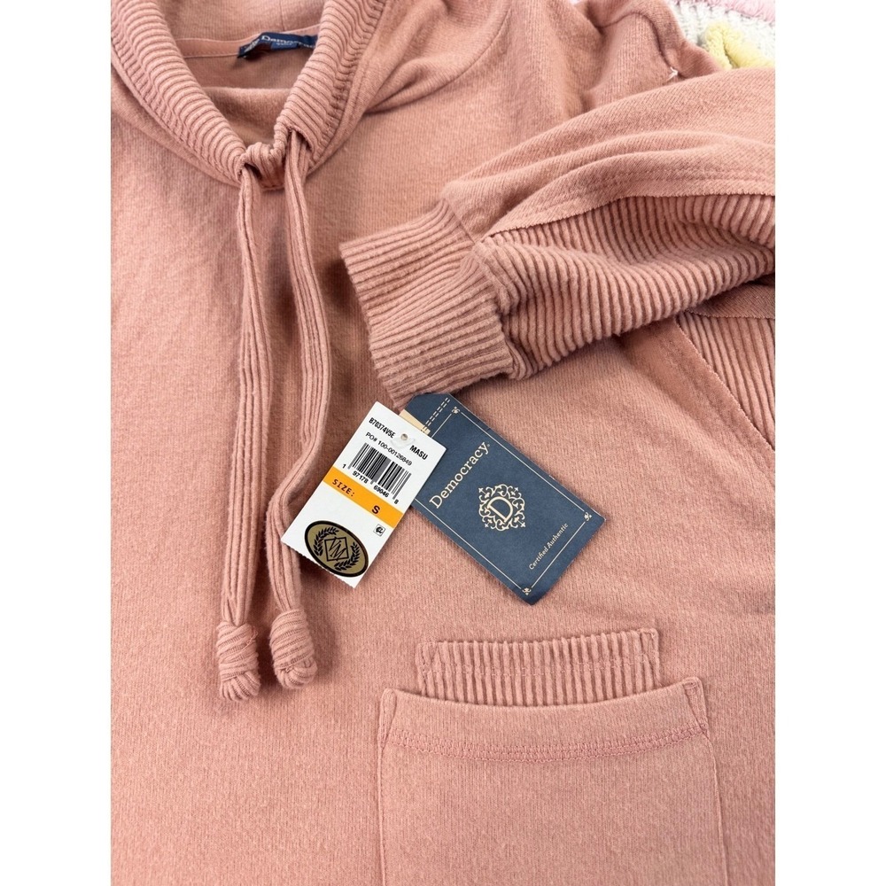 Democracy Pink Cowl Neck Ribbed Sleeve Kangaroo Pocket Pullover Sweater Size S - Picture 6 of 12